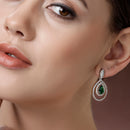 Rhodium Plated Silver Toned with Teardrop Shaped Green American Diamond Drop Earrings