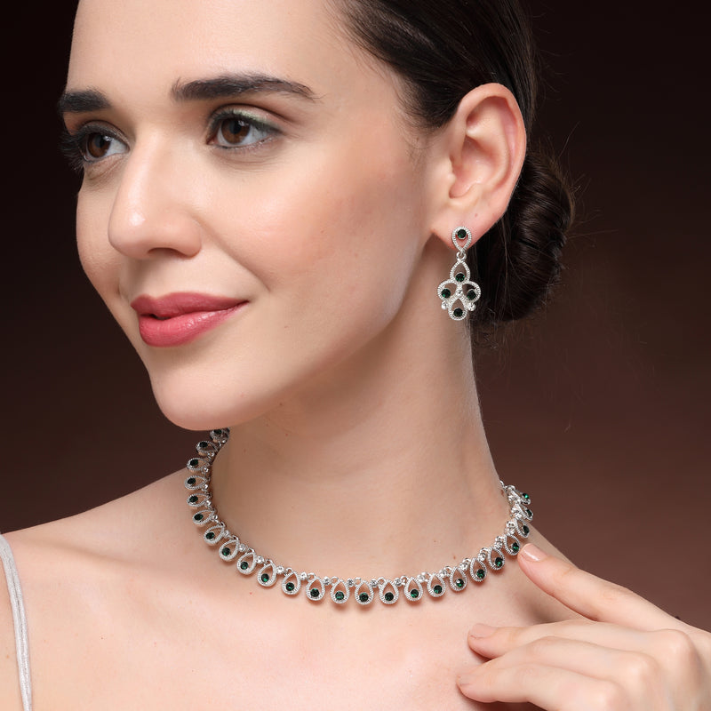 Rhodium Plated Silver Toned Teardrop Shaped Cubic Zirconia Studded Jewellery Set