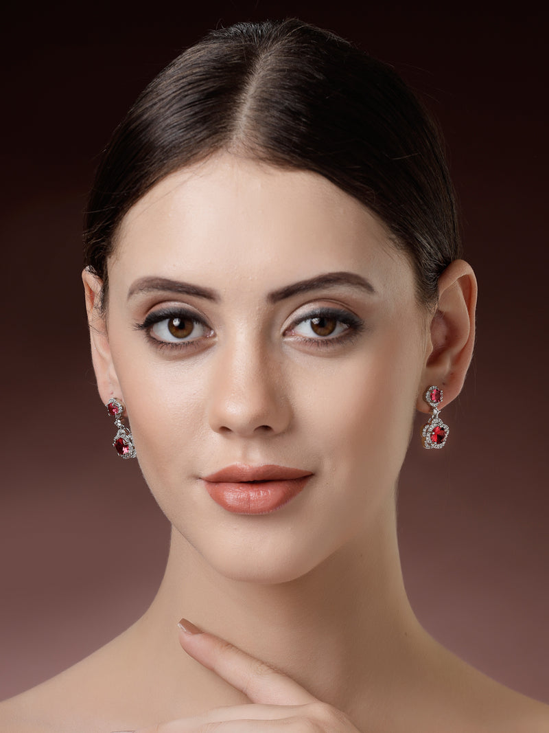 Rhodium Plated with Dual Red American Diamonds Drop Earrings