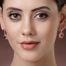 Rhodium Plated with Dual Red American Diamonds Drop Earrings