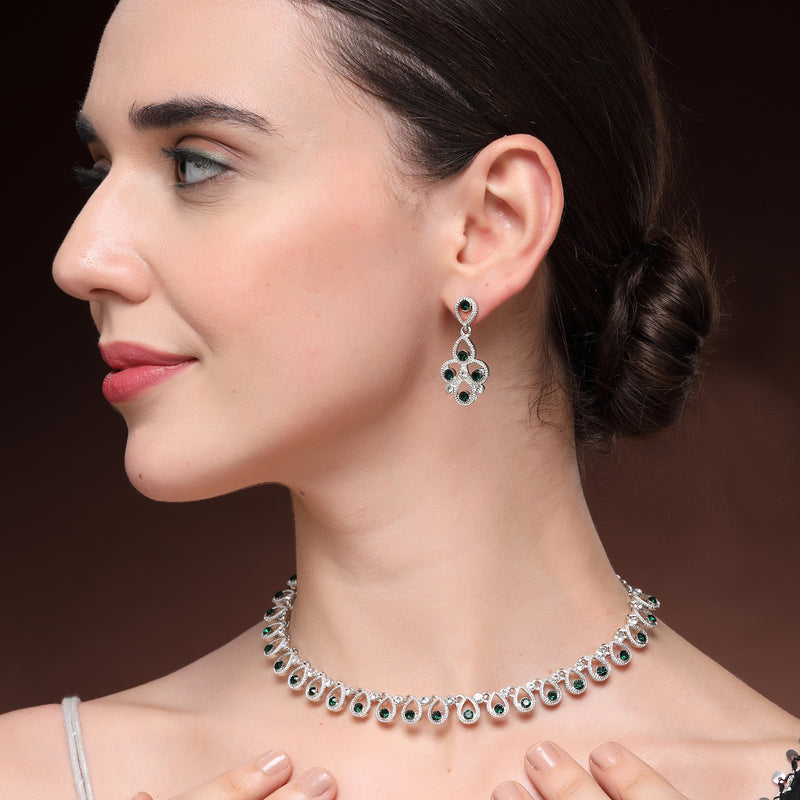 Rhodium Plated Silver Toned Teardrop Shaped Cubic Zirconia Studded Jewellery Set