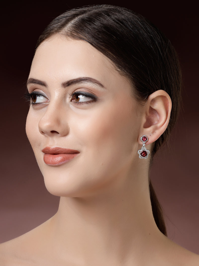 Rhodium Plated with Dual Red American Diamonds Drop Earrings