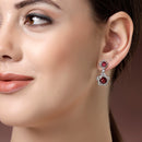 Rhodium Plated with Dual Red American Diamonds Drop Earrings