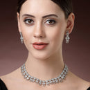 Rhodium Plated Silver Toned Round White American Diamond  Studded Necklace Set With Earrings