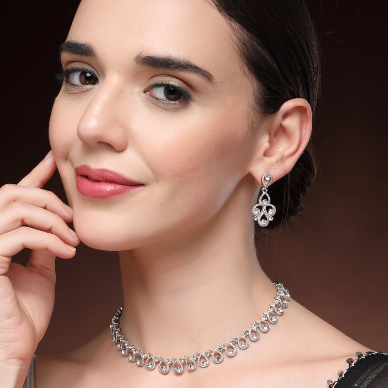 Rhodium Plated Silver Toned Teardrop Shaped White Cubic Zirconia Studded Jewellery Set