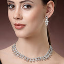 Rhodium Plated Silver Toned Round White American Diamond  Studded Necklace Set With Earrings