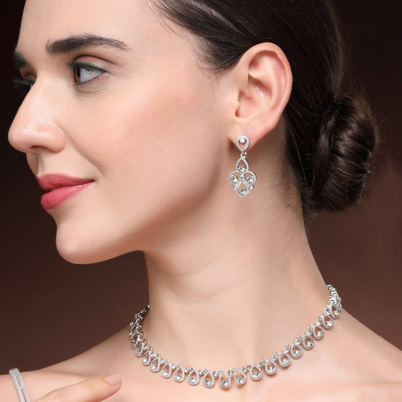 Rhodium Plated Silver Toned Teardrop Shaped White Cubic Zirconia Studded Jewellery Set