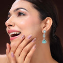 Rhodium Plated Silver Toned Geometric Shaped Sea Green & White American Diamond Studded Drop Earrings