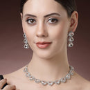 Rhodium Plated Silver Toned White Trillion Cut AD Studded Necklace With Matching Drop Earrings