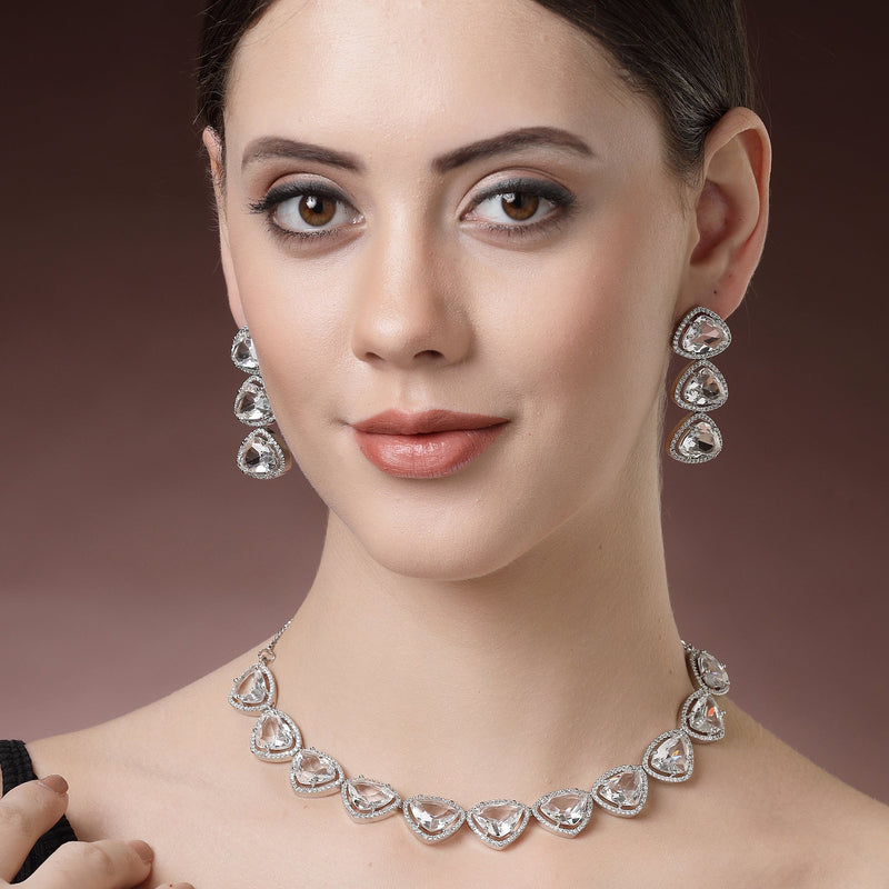 Rhodium Plated Silver Toned White Trillion Cut AD Studded Necklace With Matching Drop Earrings