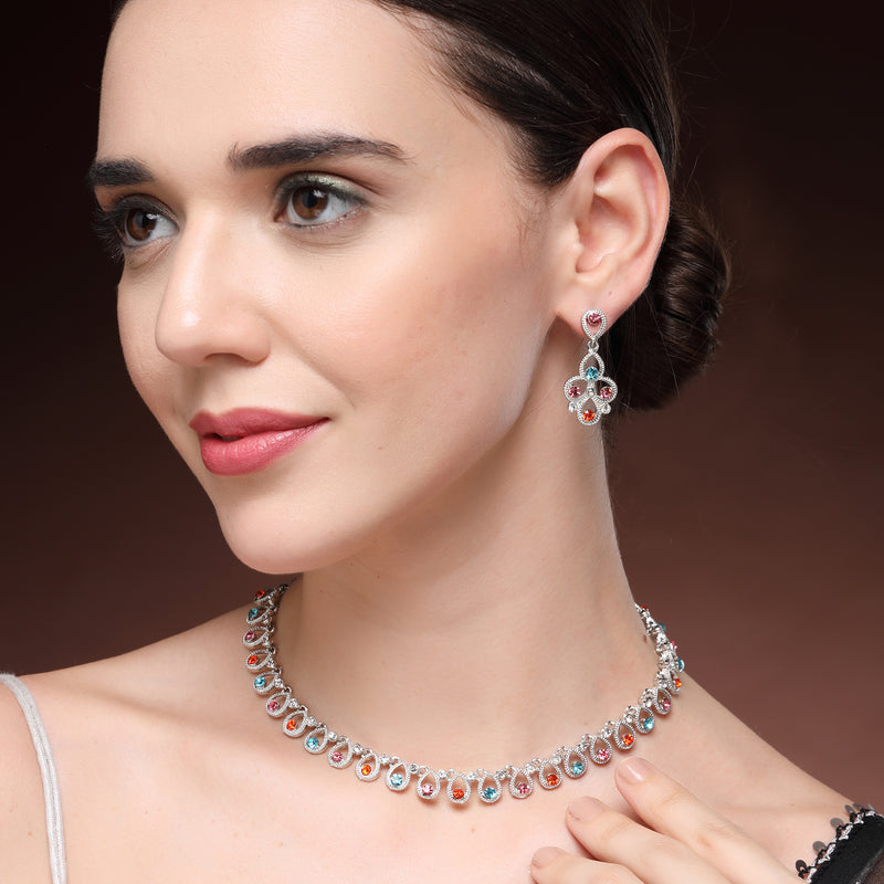 Rhodium Plated Silver Toned Teardrop Shaped Multicolor Cubic Zirconia Studded Jewellery Set