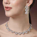 Rhodium Plated Silver Toned White Trillion Cut AD Studded Necklace With Matching Drop Earrings