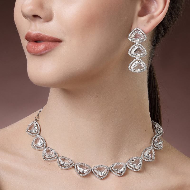 Rhodium Plated Silver Toned White Trillion Cut AD Studded Necklace With Matching Drop Earrings