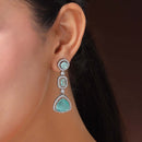 Rhodium Plated Silver Toned Geometric Shaped Sea Green & White American Diamond Studded Drop Earrings