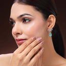 Rhodium Plated Silver Toned Bow Shaped Sea Green & White American Diamond Studded Drop Earrings