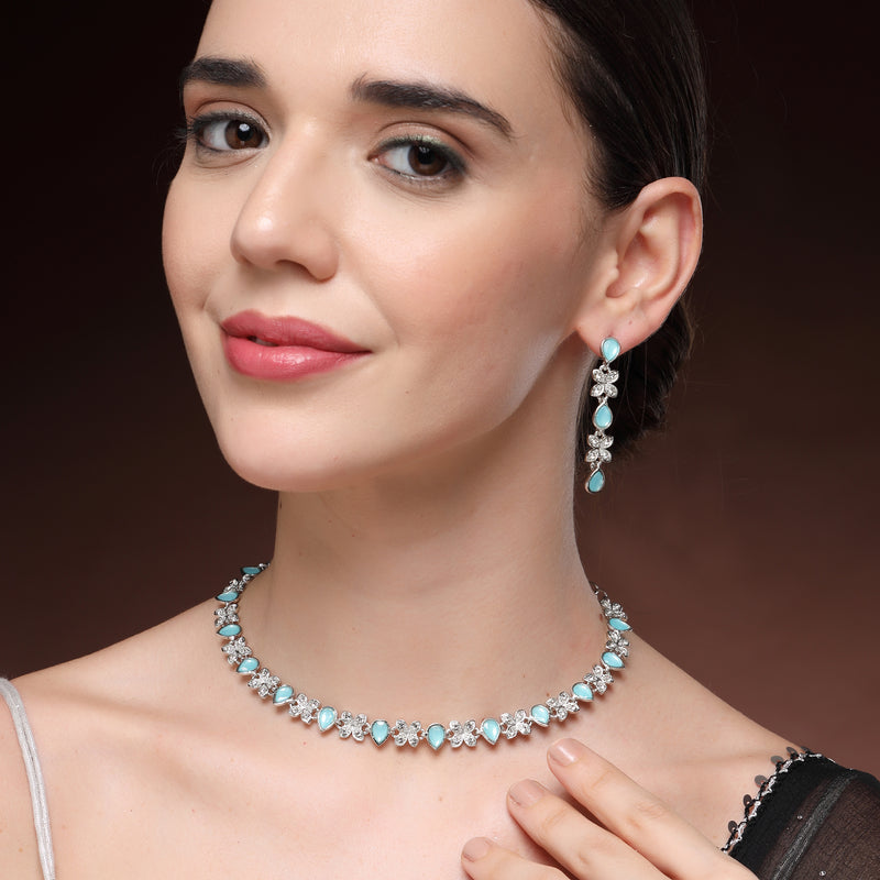 Rhodium Plated Silver Toned Butterfly Shaped Blue Cubic Zirconia Studded Jewellery Set