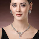 Rhodium Plated Silver Toned Floral Motif White AD Studded Necklace Set With Earrings