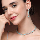 Rhodium Plated Silver Toned Butterfly Shaped Blue Cubic Zirconia Studded Jewellery Set