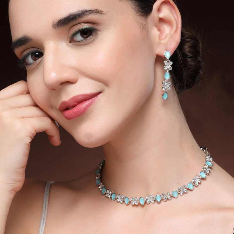 Rhodium Plated Silver Toned Butterfly Shaped Blue Cubic Zirconia Studded Jewellery Set