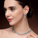Rhodium Plated Silver Toned Leaf Shaped White American Diamond Studded Jewellery Set