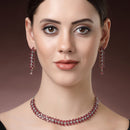 Rhodium Plated Silver Toned Red Floral American Diamond Studded Necklace With Matching Earrings