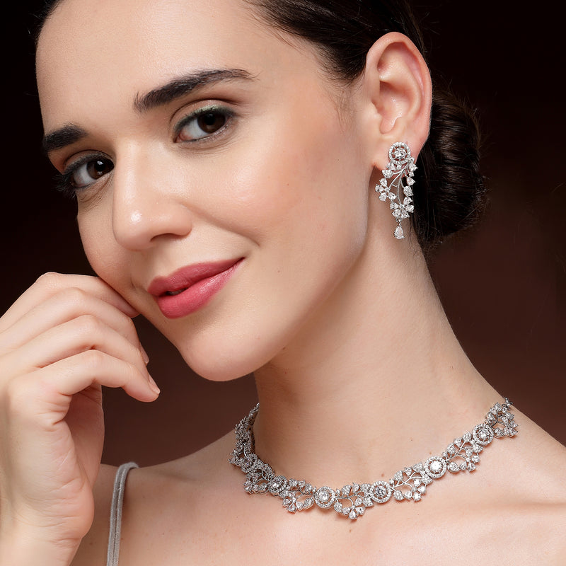 Rhodium Plated Silver Toned Leaf Shaped White American Diamond Studded Jewellery Set