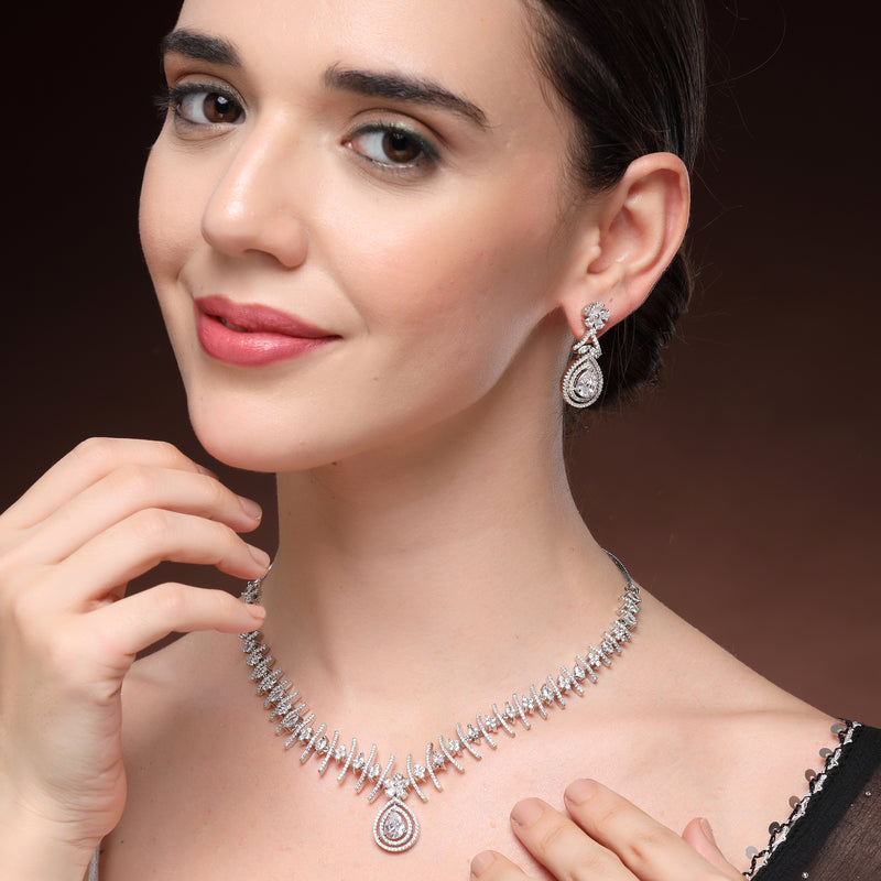 Rhodium Plated Silver Toned White American Diamond Studded Jewellery Set