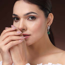 Rhodium Plated Silver Toned Teardrop Shaped Green & White American Diamond Studded Drop Earrings