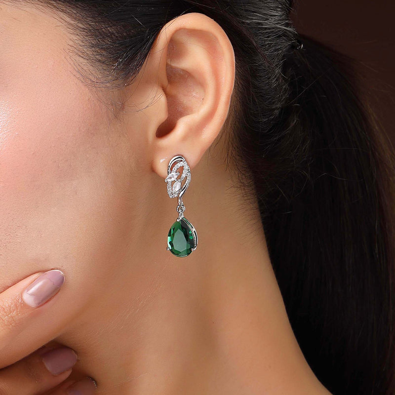 Rhodium Plated Silver Toned Teardrop Shaped Green & White American Diamond Studded Drop Earrings