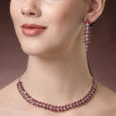 Rhodium Plated Silver Toned Red Floral American Diamond Studded Necklace With Matching Earrings