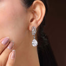 Rhodium Plated Silver Toned Teardrop Shaped White American Diamond Studded Drop Earrings