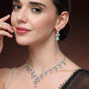 Rhodium Plated Silver Toned Leaf Teardrop Shaped Pink & Sea Green American Diamond Studded Jewellery Set