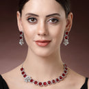 Rhodium Plated Silver Toned Red Cussion Cut AD Studded  Necklace With Matching Drop Earrings