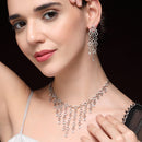 Rhodium Plated Silver Toned Geometrical Shaped White American Diamond Studded Jewellery Set