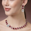 Rhodium Plated Silver Toned Red Cussion Cut AD Studded  Necklace With Matching Drop Earrings