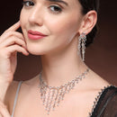 Rhodium Plated Silver Toned Geometrical Shaped White American Diamond Studded Jewellery Set