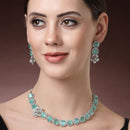 Rhodium Plated Silver Toned Sea Green Cussion Cut AD Studded  Necklace With Matching Drop Earrings
