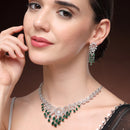 Rhodium Plated Silver Toned Teardrop Shaped Green & White American Diamond Studded Jewellery Set