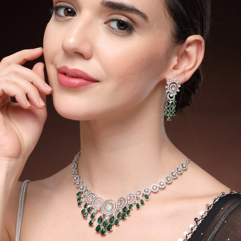 Rhodium Plated Silver Toned Teardrop Shaped Green & White American Diamond Studded Jewellery Set