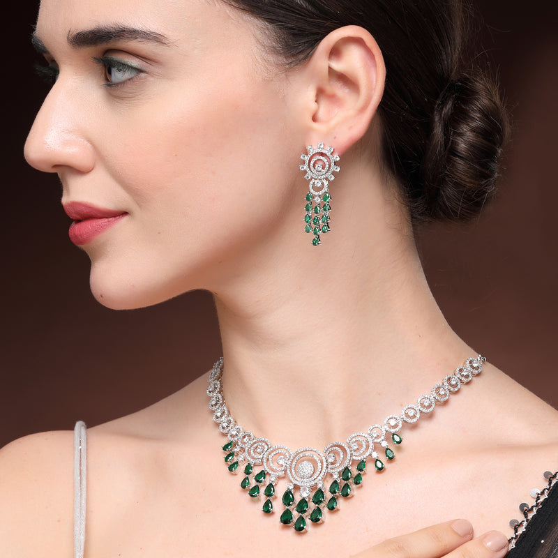 Rhodium Plated Silver Toned Teardrop Shaped Green & White American Diamond Studded Jewellery Set