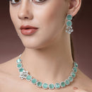 Rhodium Plated Silver Toned Sea Green Cussion Cut AD Studded  Necklace With Matching Drop Earrings