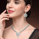 Rhodium Plated Silver Toned Ornate Shaped Sea Green & White American Diamond Studded Jewellery Set