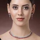 Rhodium Plated Silver Toned Red American Diamond  Studded Classic Necklace With Floral Drop Earrings
