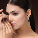 Rhodium Plated Silver Toned Teardrop Shaped Navy Blue & White American Diamond Studded Drop Earrings