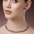 Rhodium Plated Silver Toned Red American Diamond  Studded Classic Necklace With Floral Drop Earrings