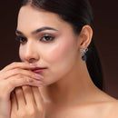 Rhodium Plated Silver Toned Bow Shaped Navy Blue & White American Diamond Studded Drop Earrings