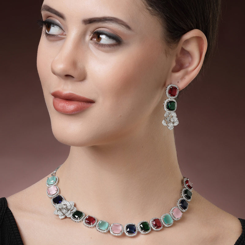 Rhodium Plated Silver Toned Multicoloured Cussion Cut AD Studded  Necklace With Matching Drop Earrings