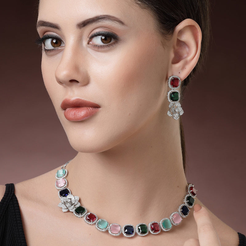 Rhodium Plated Silver Toned Multicoloured Cussion Cut AD Studded  Necklace With Matching Drop Earrings
