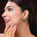 Rhodium Plated Silver Toned Bow Shaped Green & White American Diamond Studded Drop Earrings