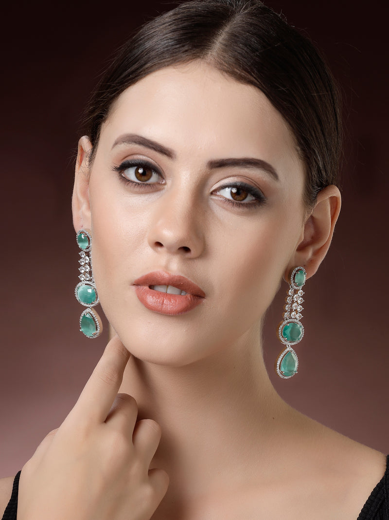 Rhodium Plated with Long Tear Drop Design Ocean Blue & White American Diamond Drop Earrings